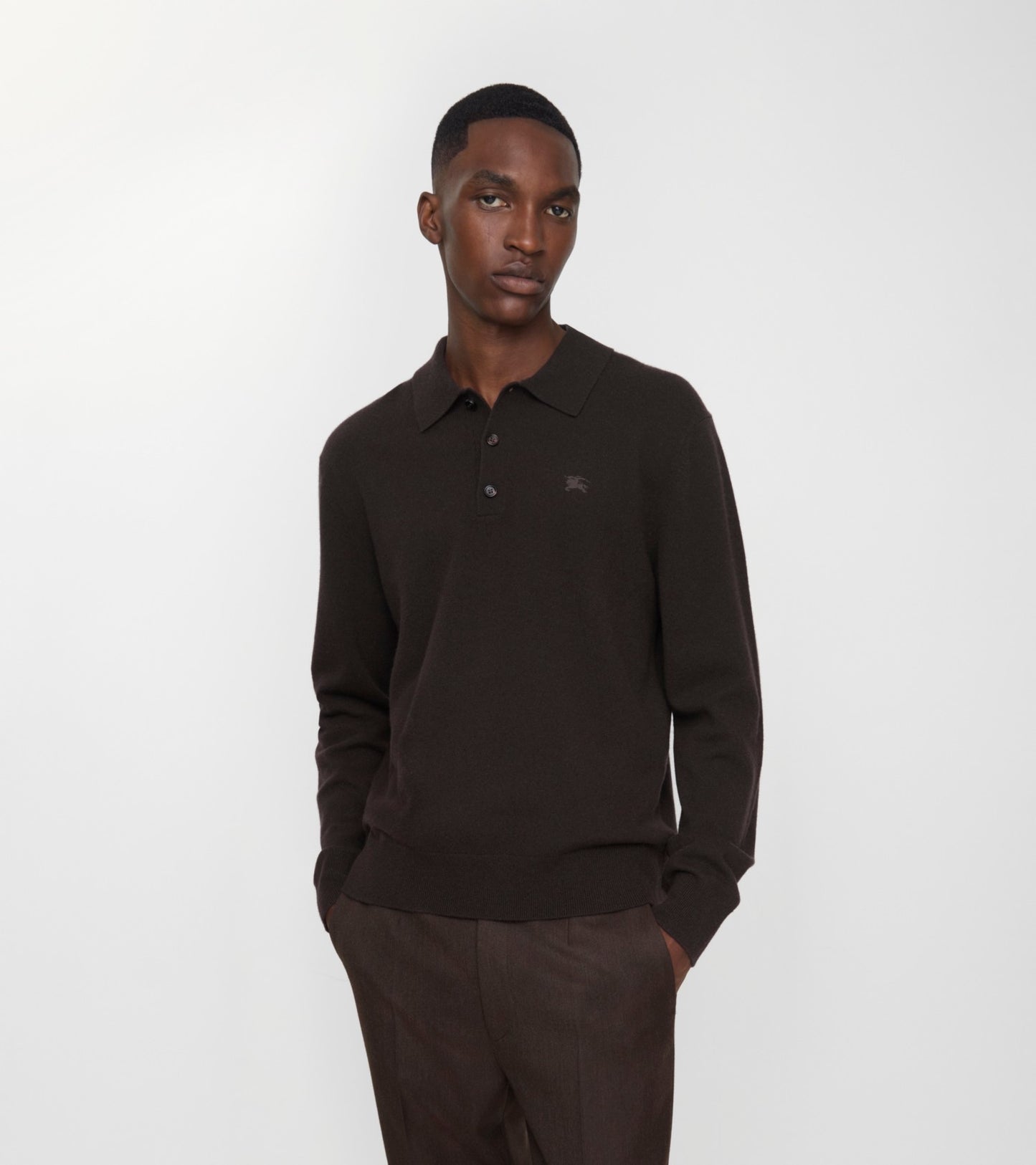 Long-sleeve Cashmere Blend Polo Shirt in Scorched brown