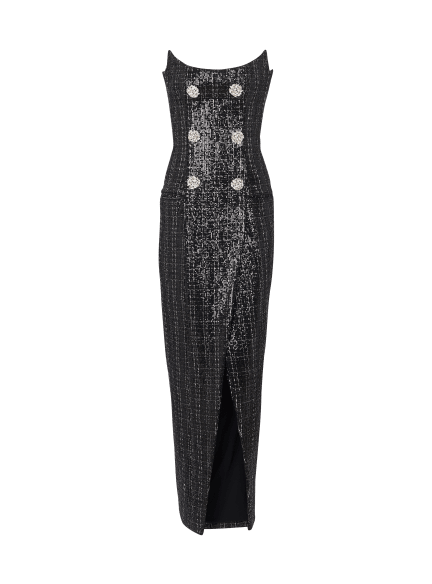 Strapless Long Tweed Dress with Glitter