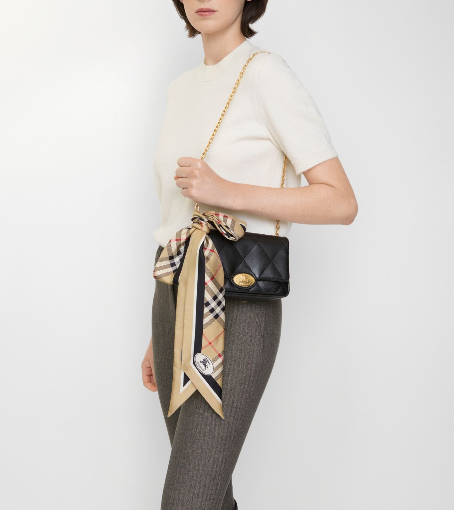 Skinny Check Silk Scarf in Sand beige