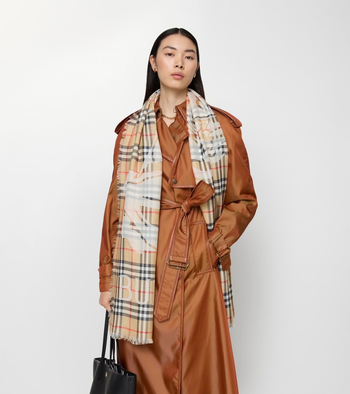 Wide Knight Check Wool Silk Scarf in Sand beige