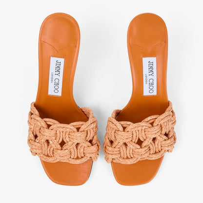 Chara 70 Sunset Orange Crochet Raffia and Nappa Leather Mule Sandals