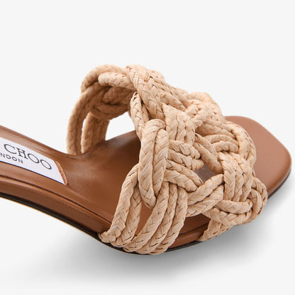Chara 70 Tan Leather and Crochet Raffia Mule Sandal