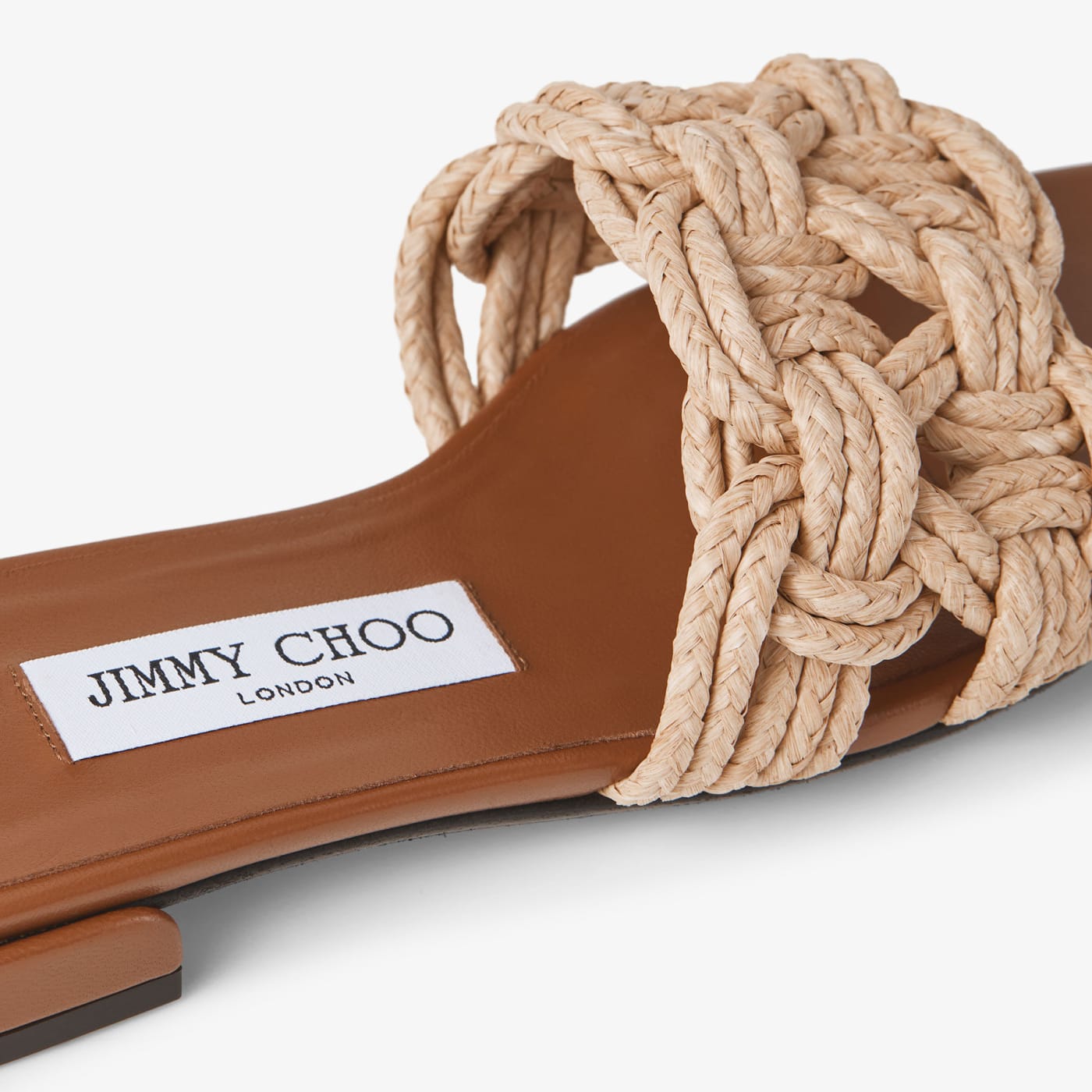 Chara Flat Tan Leather and Crochet Raffia Slide