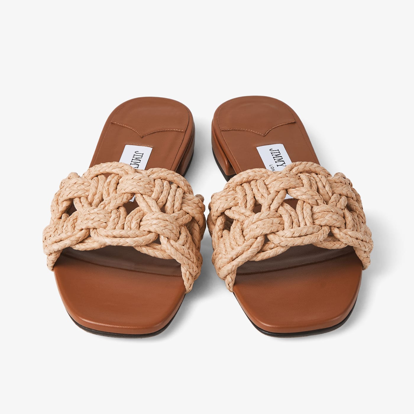 Chara Flat Tan Leather and Crochet Raffia Slide