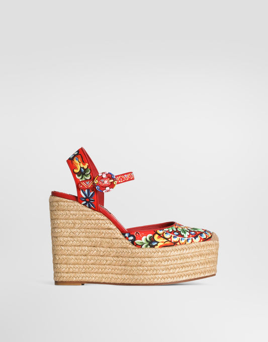 Carretto-print canvas wedge sandals