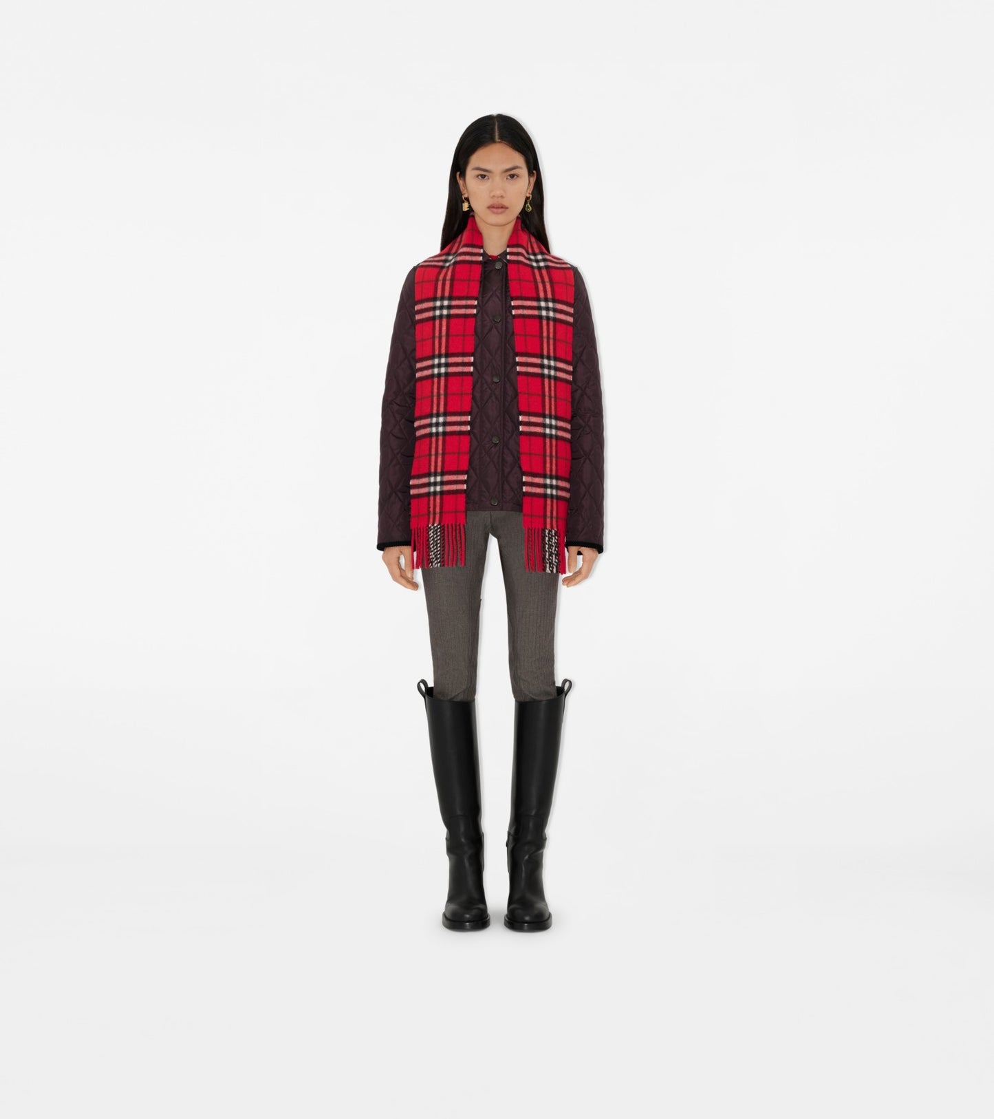 Narrow Check Cashmere Scarf in Post red
