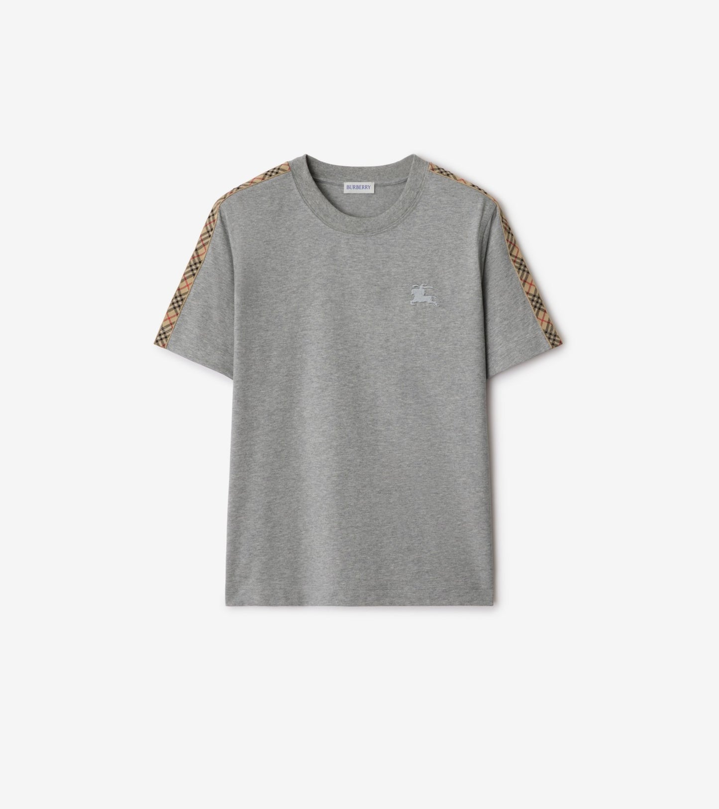 Check Trim Cotton T-shirt in Pale grey melange