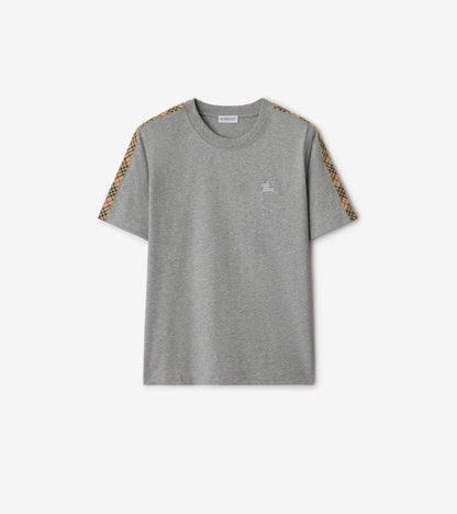 Check Trim Cotton T-shirt in Pale grey melange