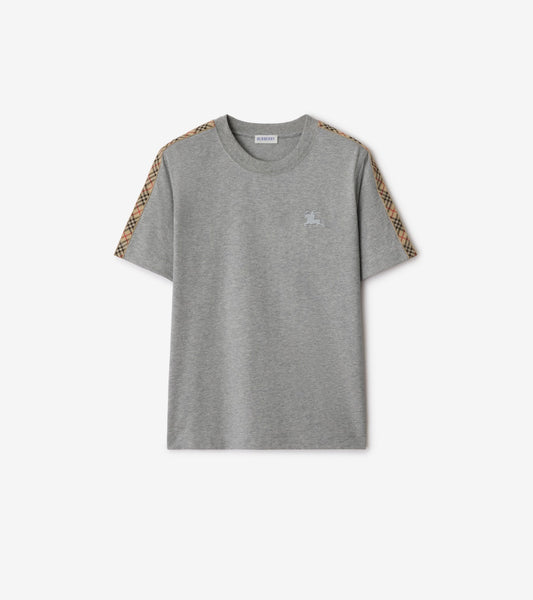 Check Trim Cotton T-shirt in Pale grey melange