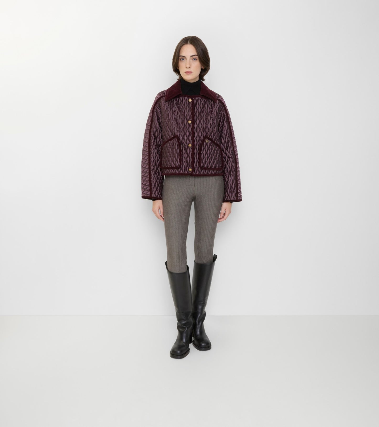 Cropped Quilted Nylon Floriston Jacket in Mahogany brown
