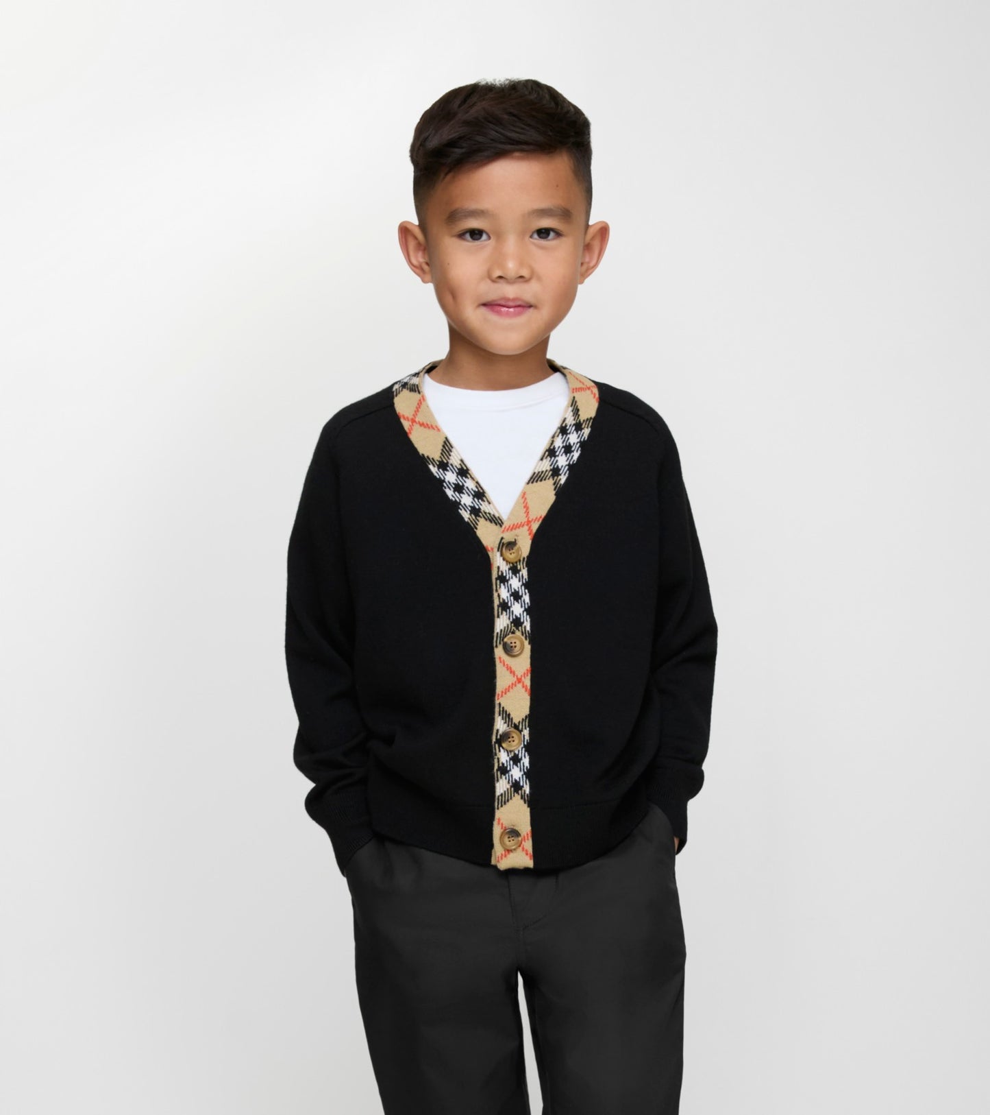 Check Trim Wool Cardigan in Black