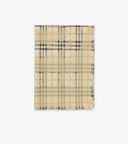 Wide Knight Check Wool Silk Scarf in Pebble white