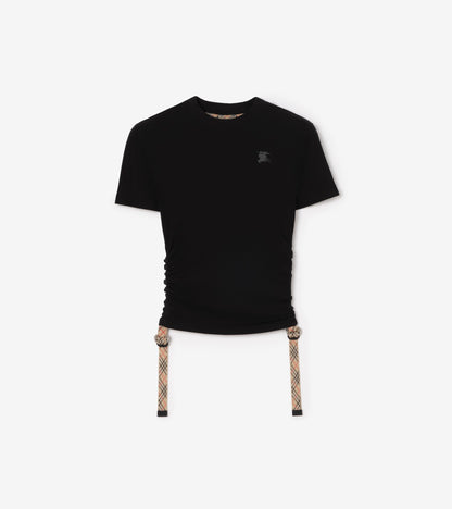 Check Trim Stretch Modal Cashmere T-shirt in Black