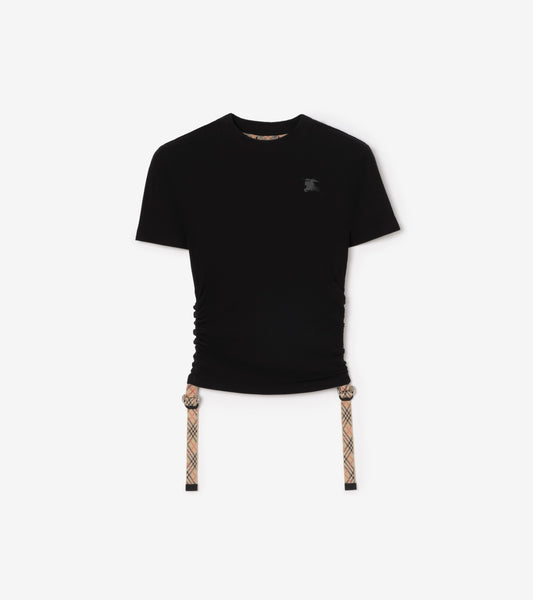 Check Trim Stretch Modal Cashmere T-shirt in Black