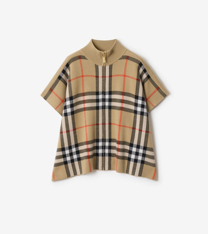Reversible Check Wool Cape in Sand beige