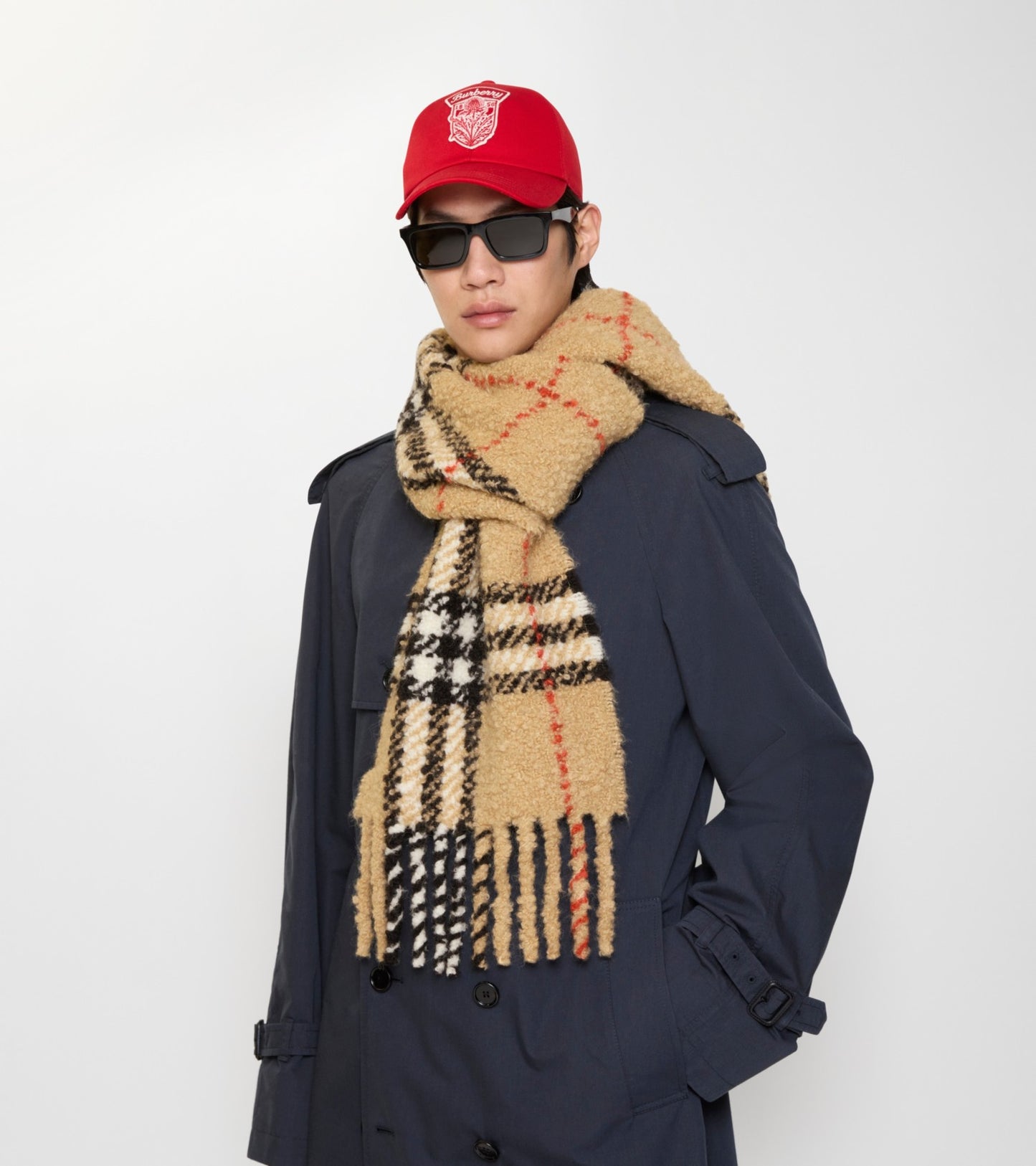 Check Alpaca Wool Blend Bouclé Scarf in Sand beige