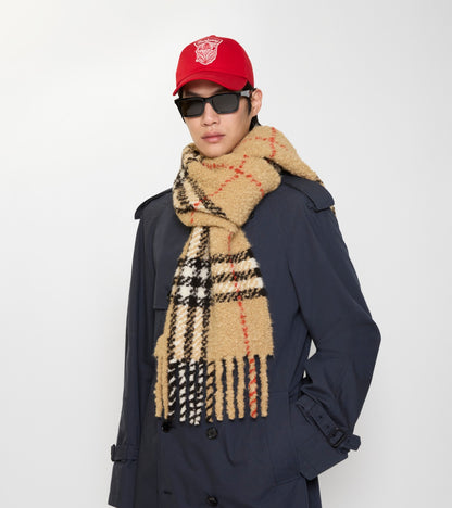 Check Alpaca Wool Blend Bouclé Scarf in Sand beige