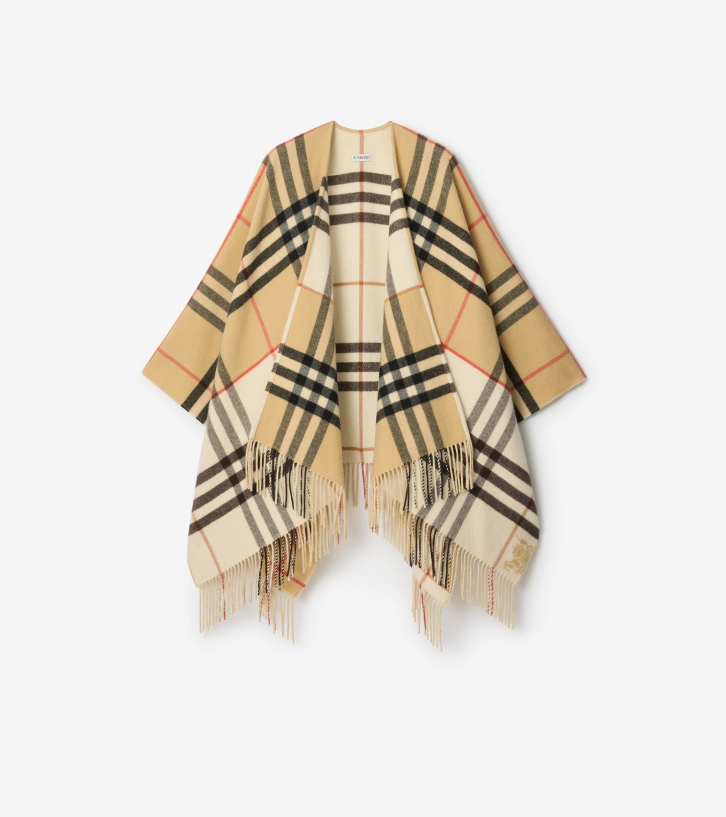 Contrast Check Cashmere Wool Cape in Sand beige/treacle brown