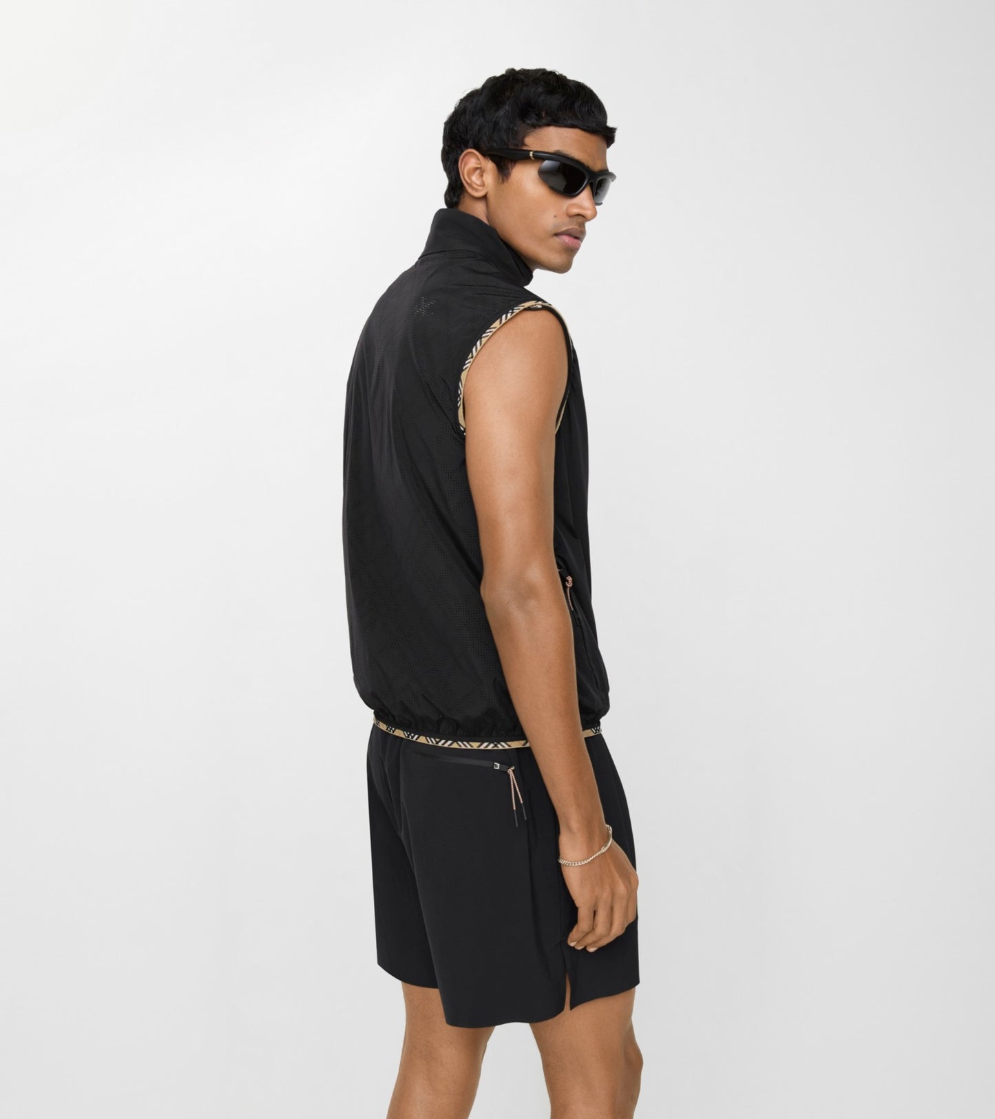 Check Trim Nylon Gilet in Black
