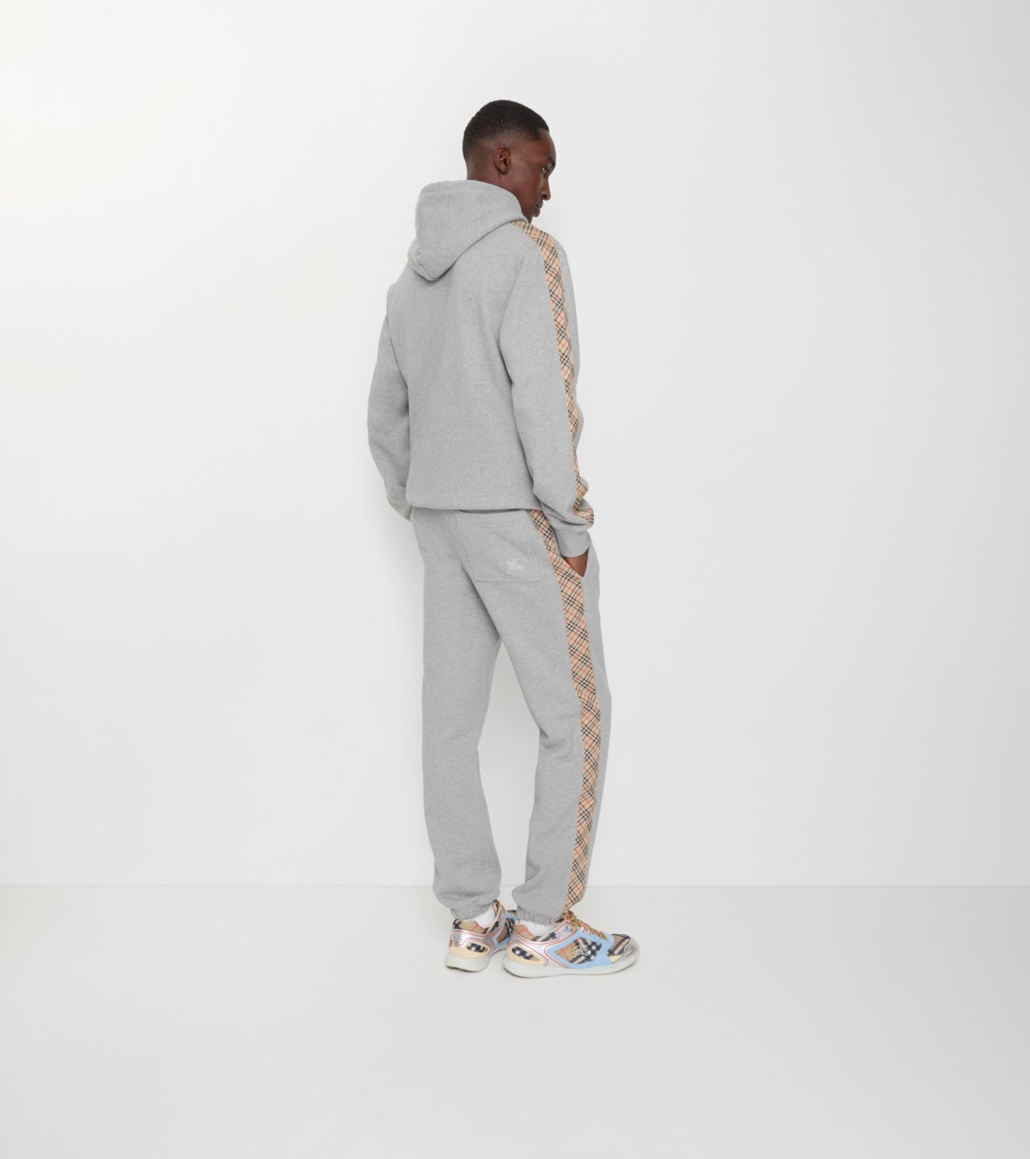 Check Trim Cotton Jogging Pants in Pale grey melange