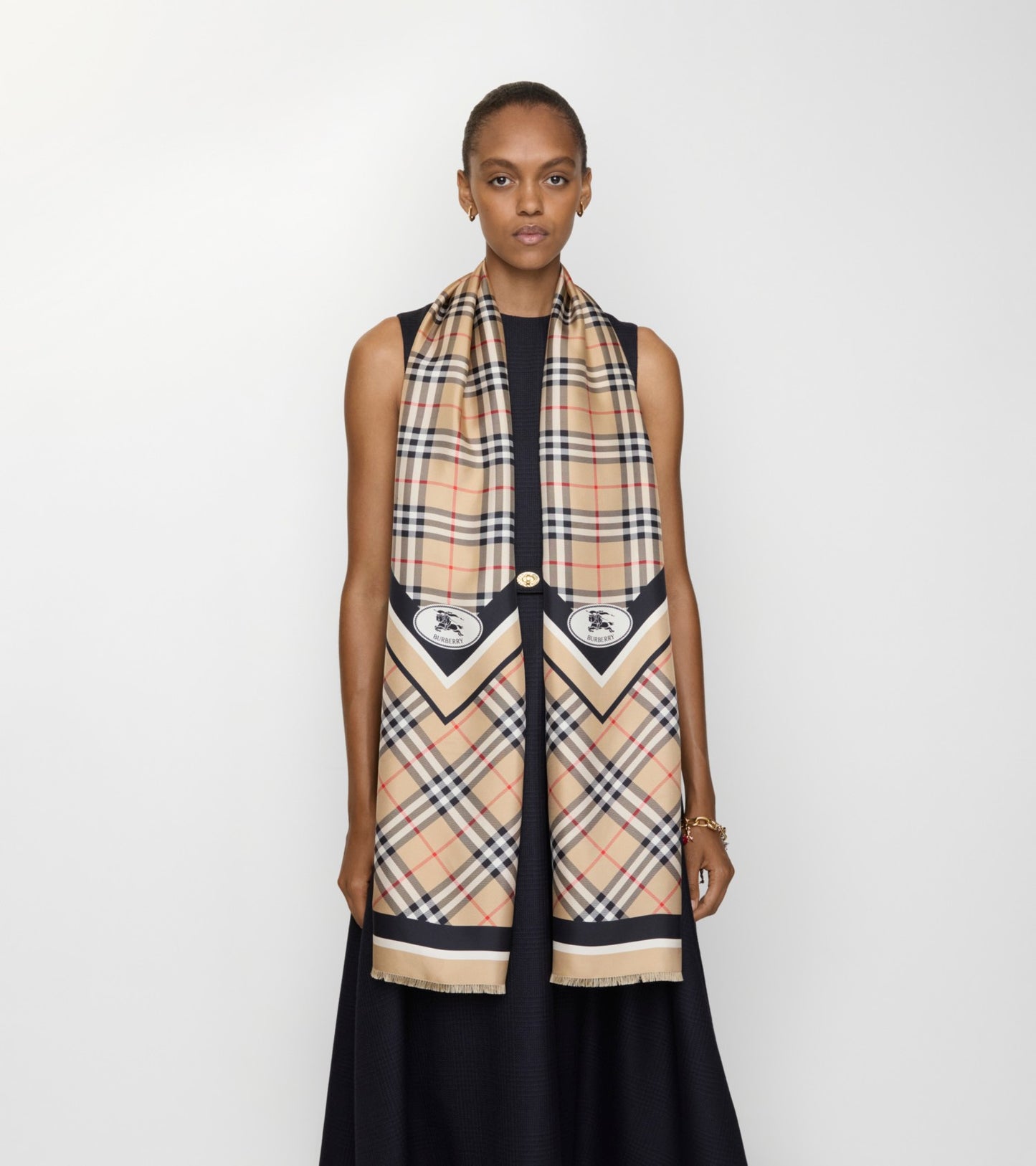 Check Knight Stamp Silk Scarf in Sand beige