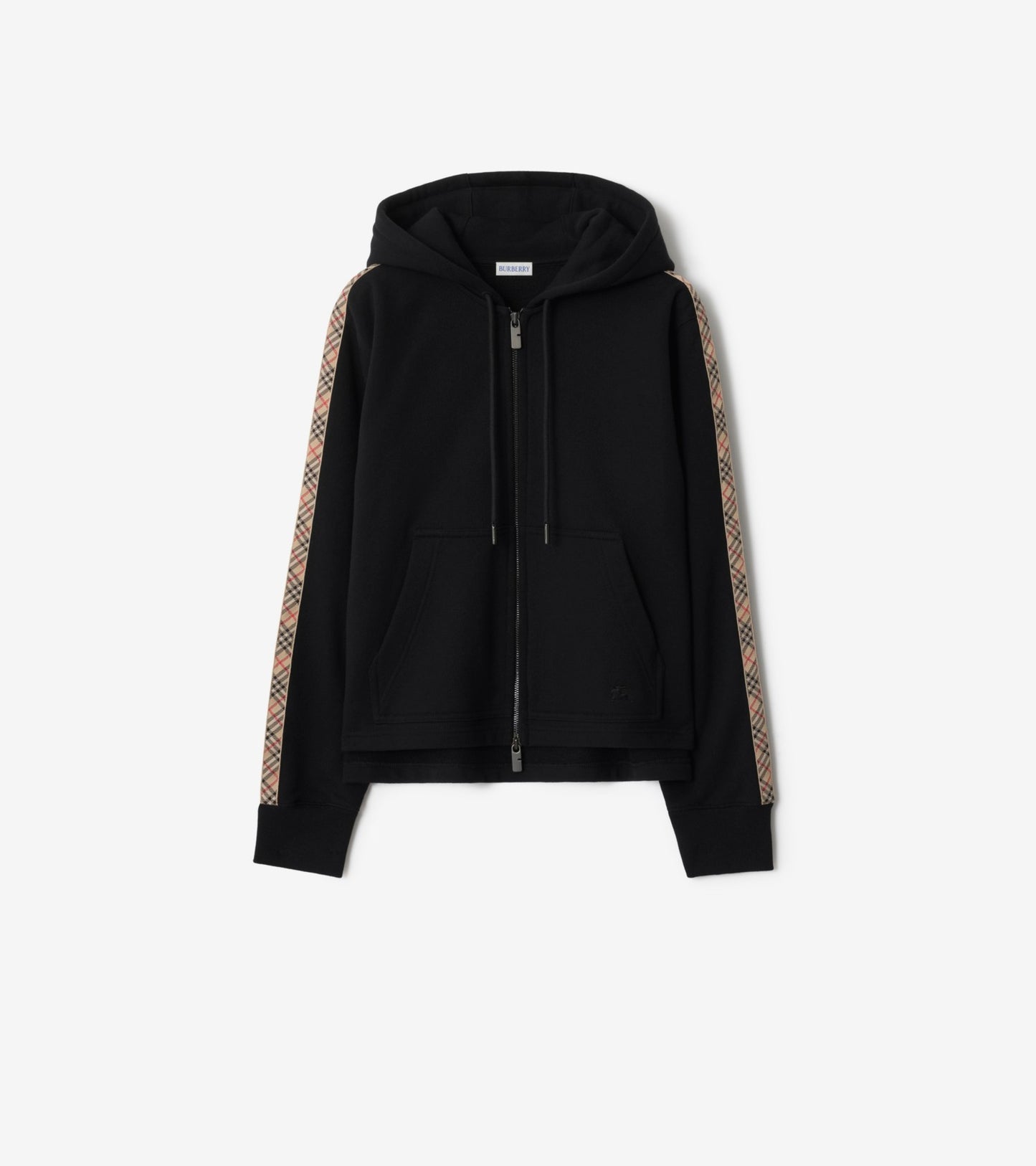 Check Trim Cotton Zip Hoodie in Pale grey melange
