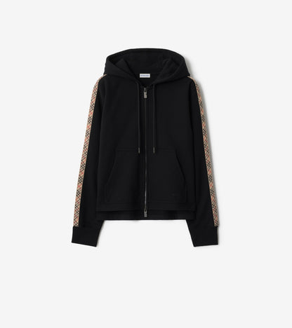 Check Trim Cotton Zip Hoodie in Pale grey melange