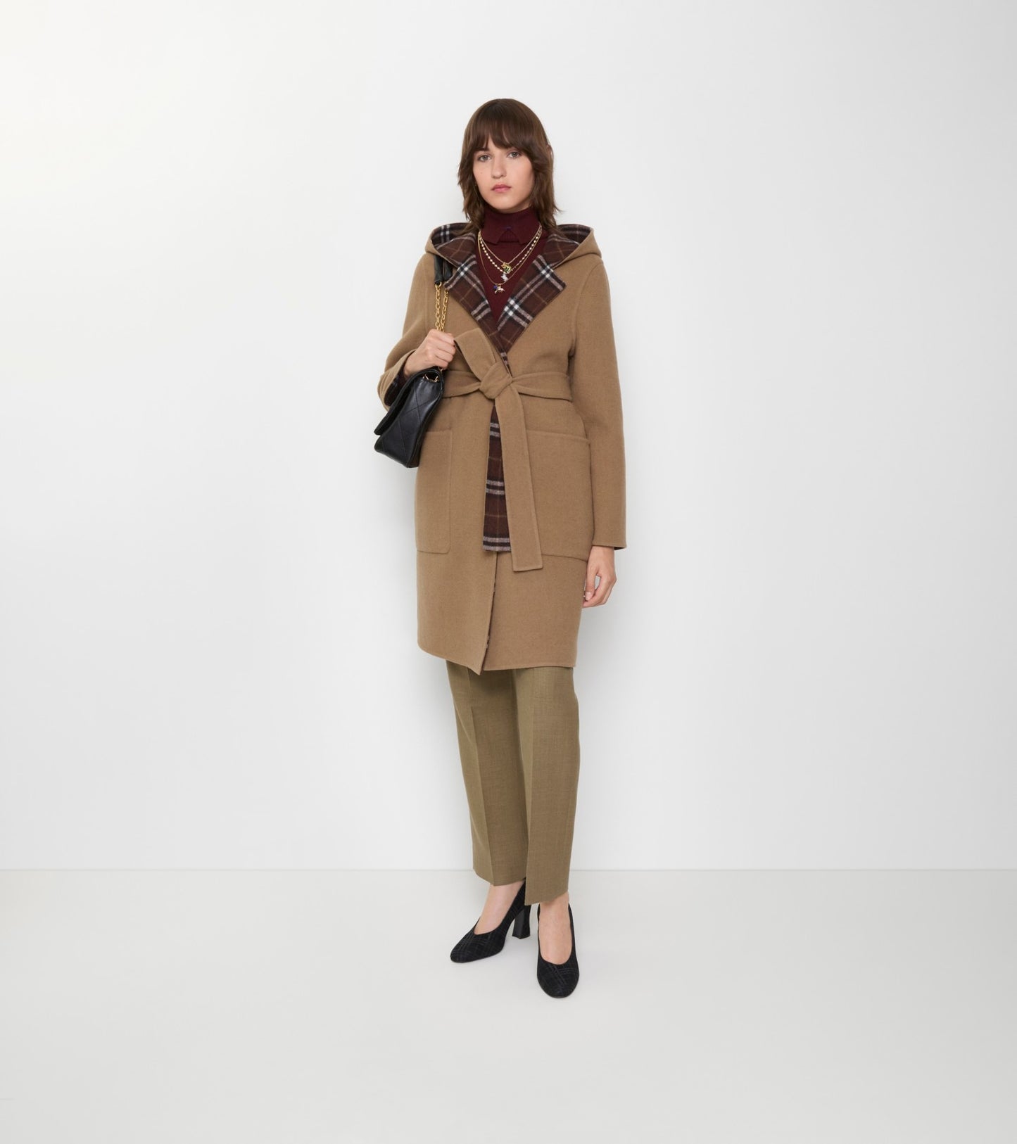 Reversible Wool Hooded Wrap Coat in Camel brown/treacle brown
