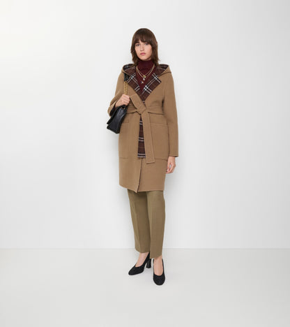 Reversible Wool Hooded Wrap Coat in Camel brown/treacle brown