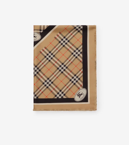 Check Knight Stamp Silk Scarf in Sand beige