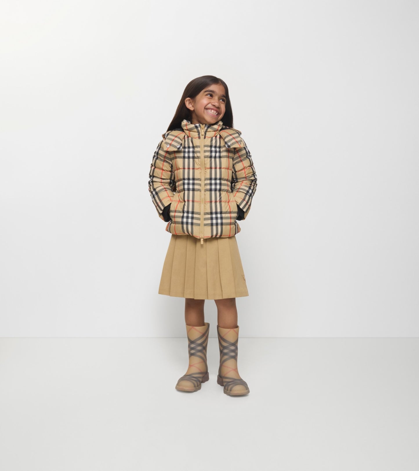 Check Hooded Puffer Jacket in Sand beige