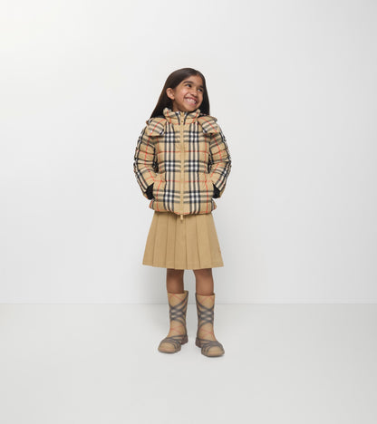 Check Hooded Puffer Jacket in Sand beige