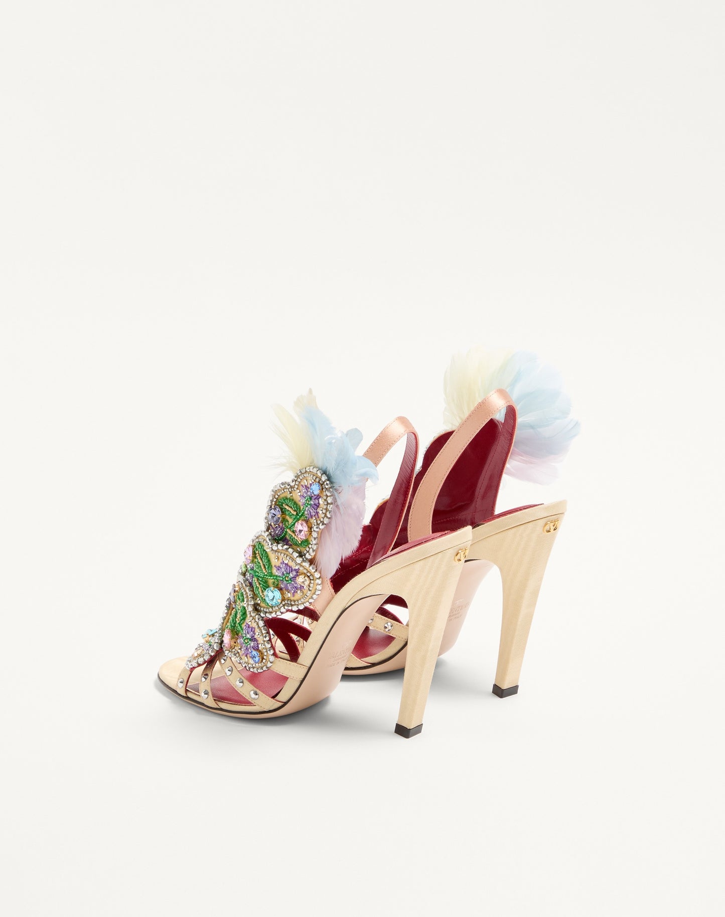 Dans Le Foyer Sandal In Moiré Fabric With Floral Embroidery And Feathers 105mm