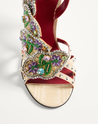 Dans Le Foyer Sandal In Moiré Fabric With Floral Embroidery And Feathers 105mm