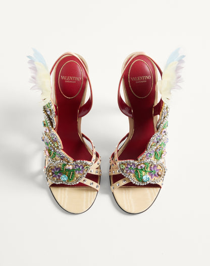 Dans Le Foyer Sandal In Moiré Fabric With Floral Embroidery And Feathers 105mm