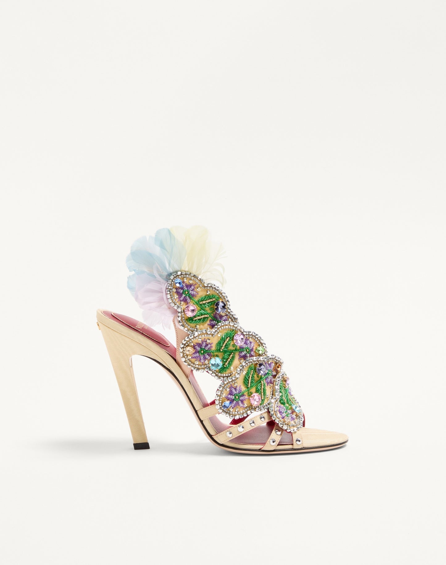 Dans Le Foyer Sandal In Moiré Fabric With Floral Embroidery And Feathers 105mm