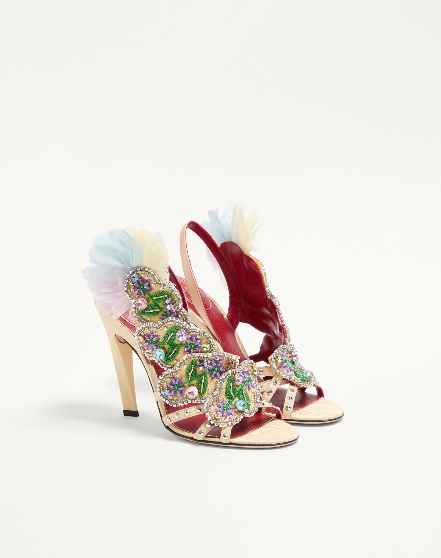 Dans Le Foyer Sandal In Moiré Fabric With Floral Embroidery And Feathers 105mm