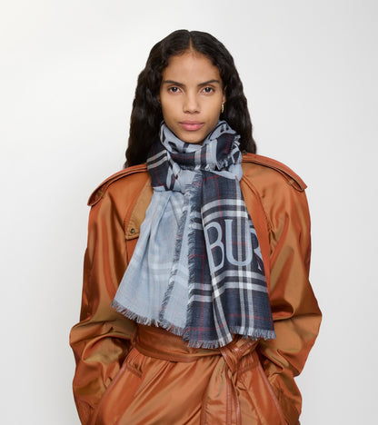 Wide Knight Check Wool Silk Scarf in Ink blue