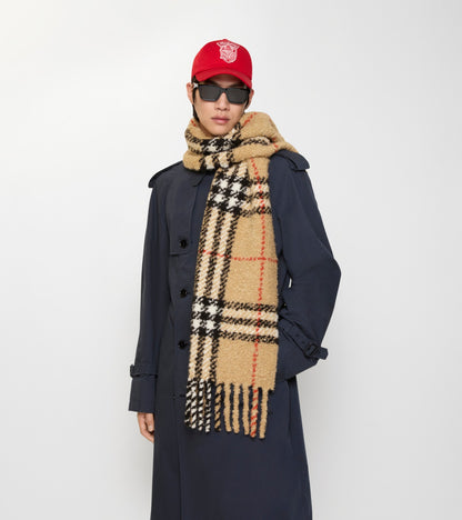 Check Alpaca Wool Blend Bouclé Scarf in Sand beige