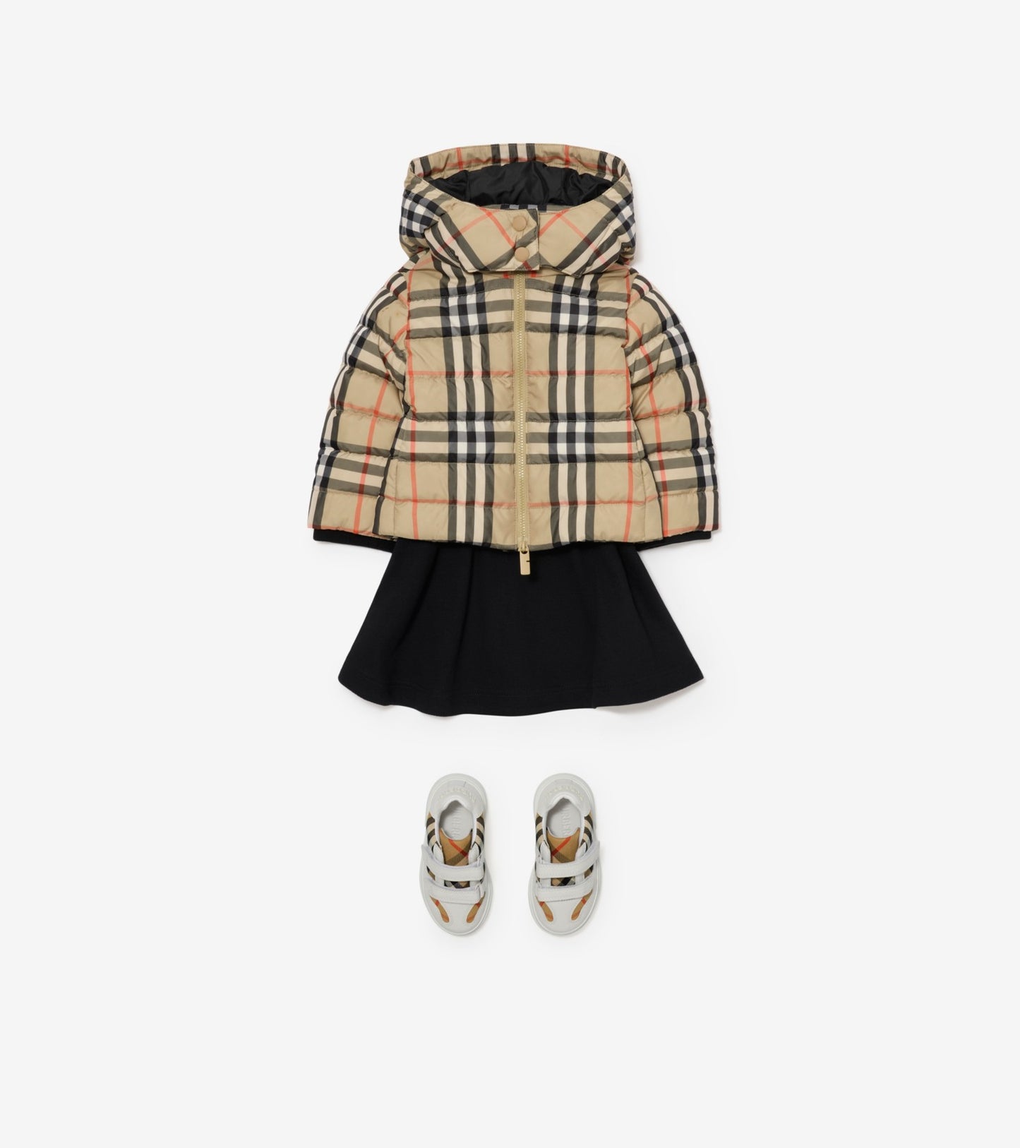 Check Hooded Puffer Jacket in Sand beige