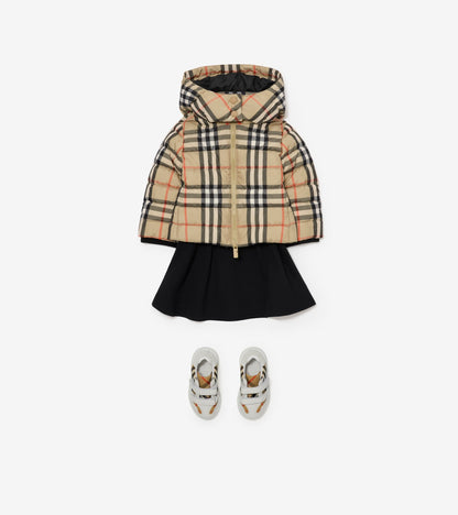 Check Hooded Puffer Jacket in Sand beige