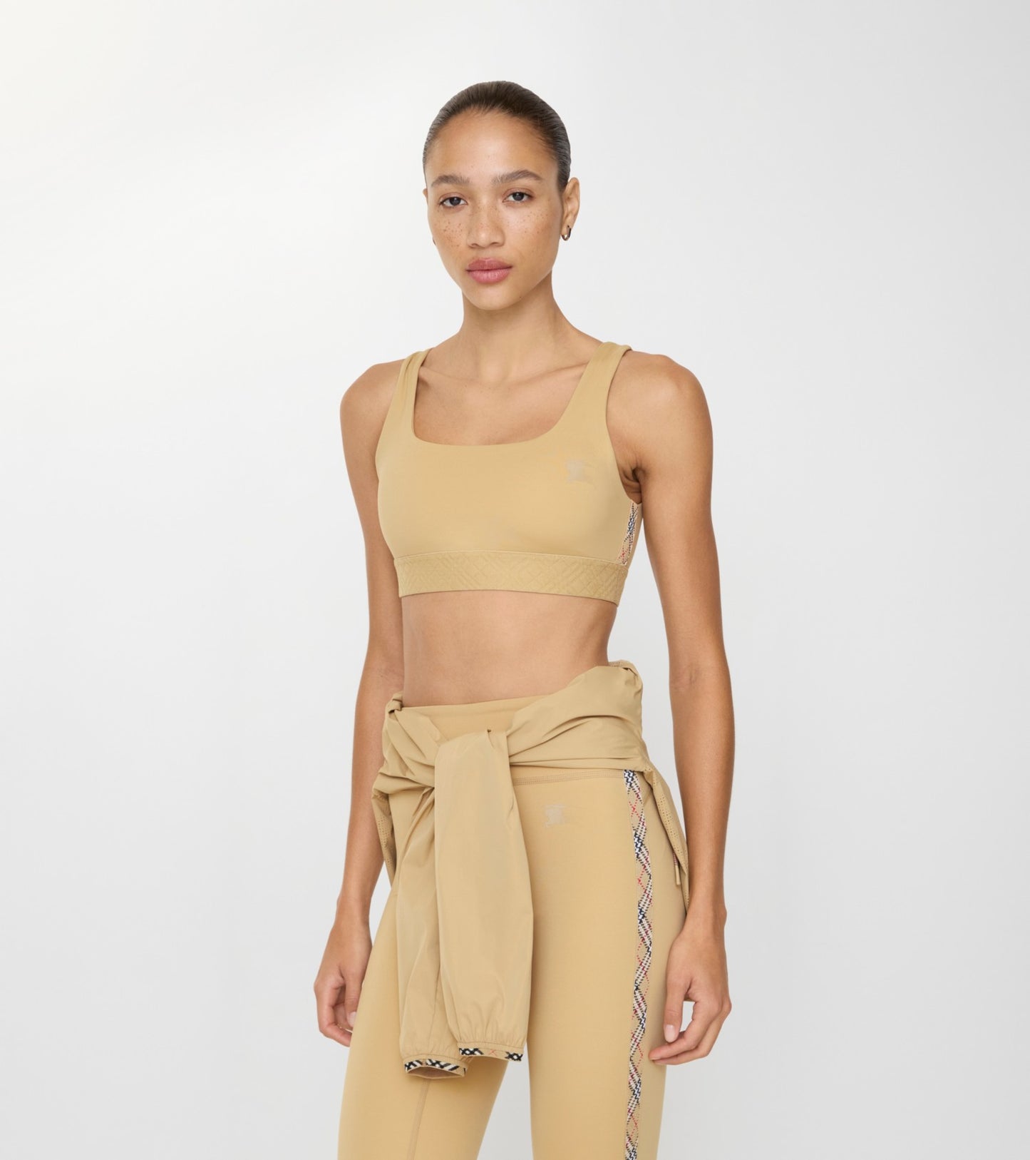 Check Trim Stretch Nylon Bra Top in Beige