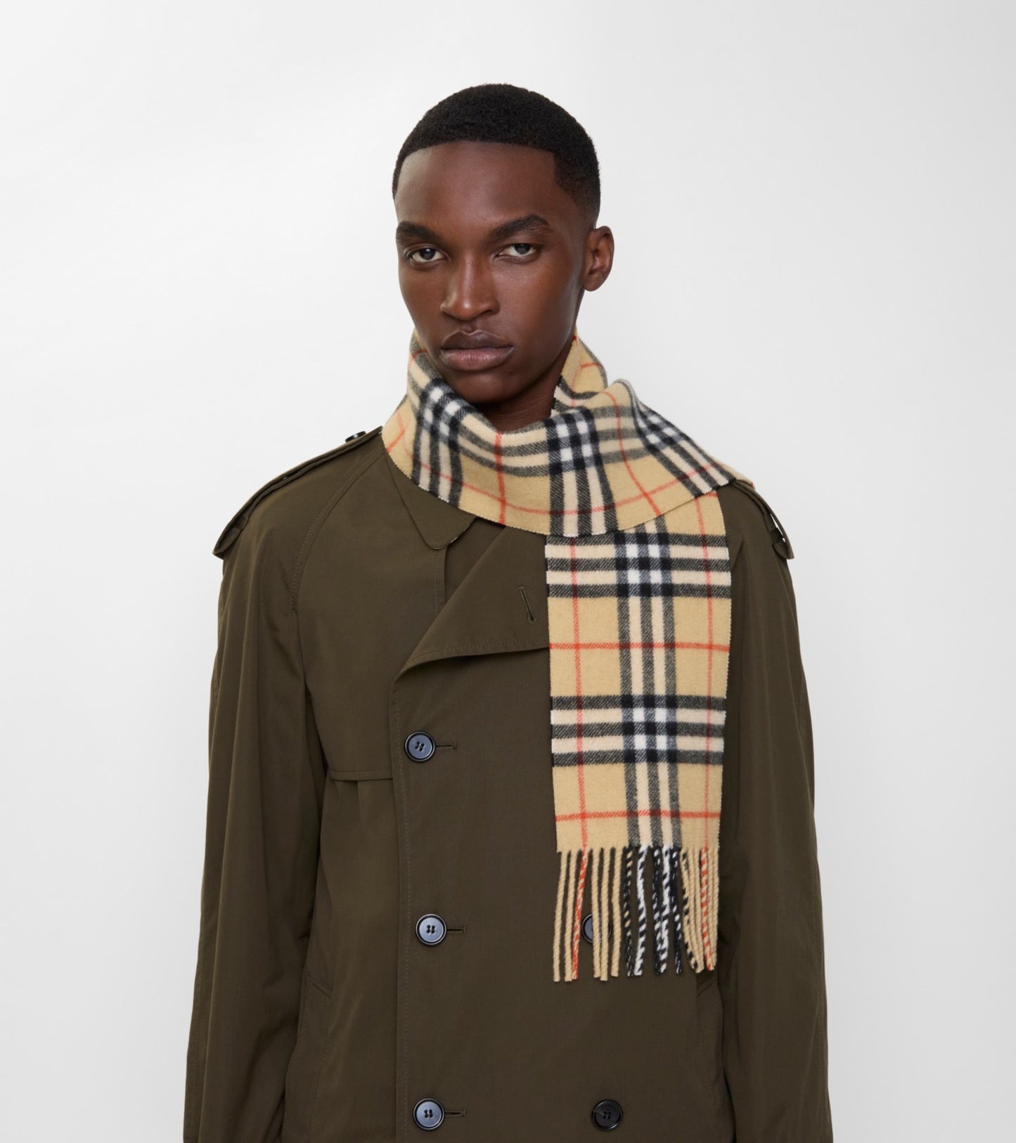 Narrow Check Cashmere Scarf in Sand beige