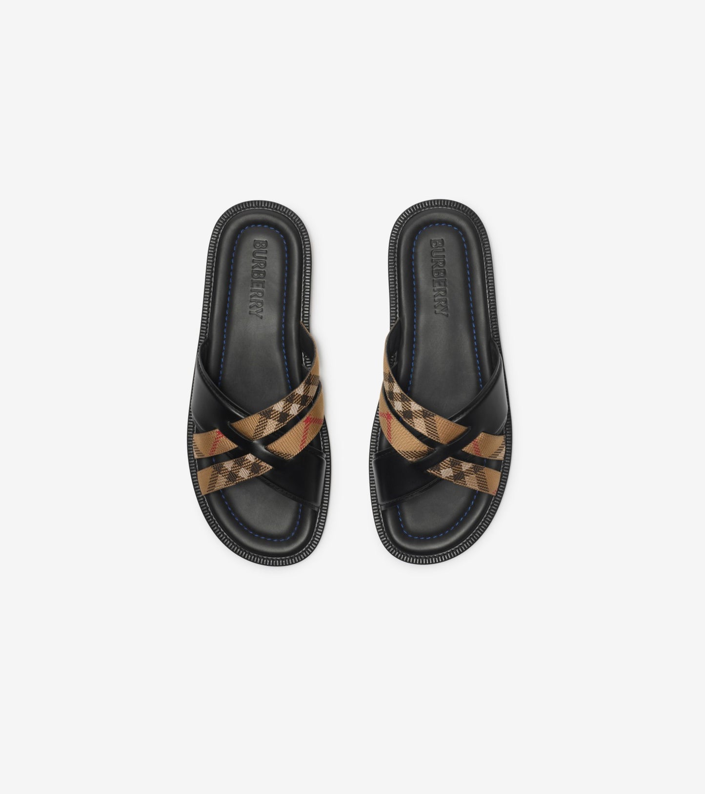 Check and Leather Drift Sandals in Black/sand beige