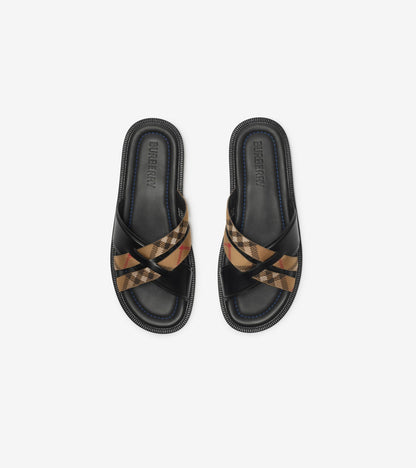 Check and Leather Drift Sandals in Black/sand beige