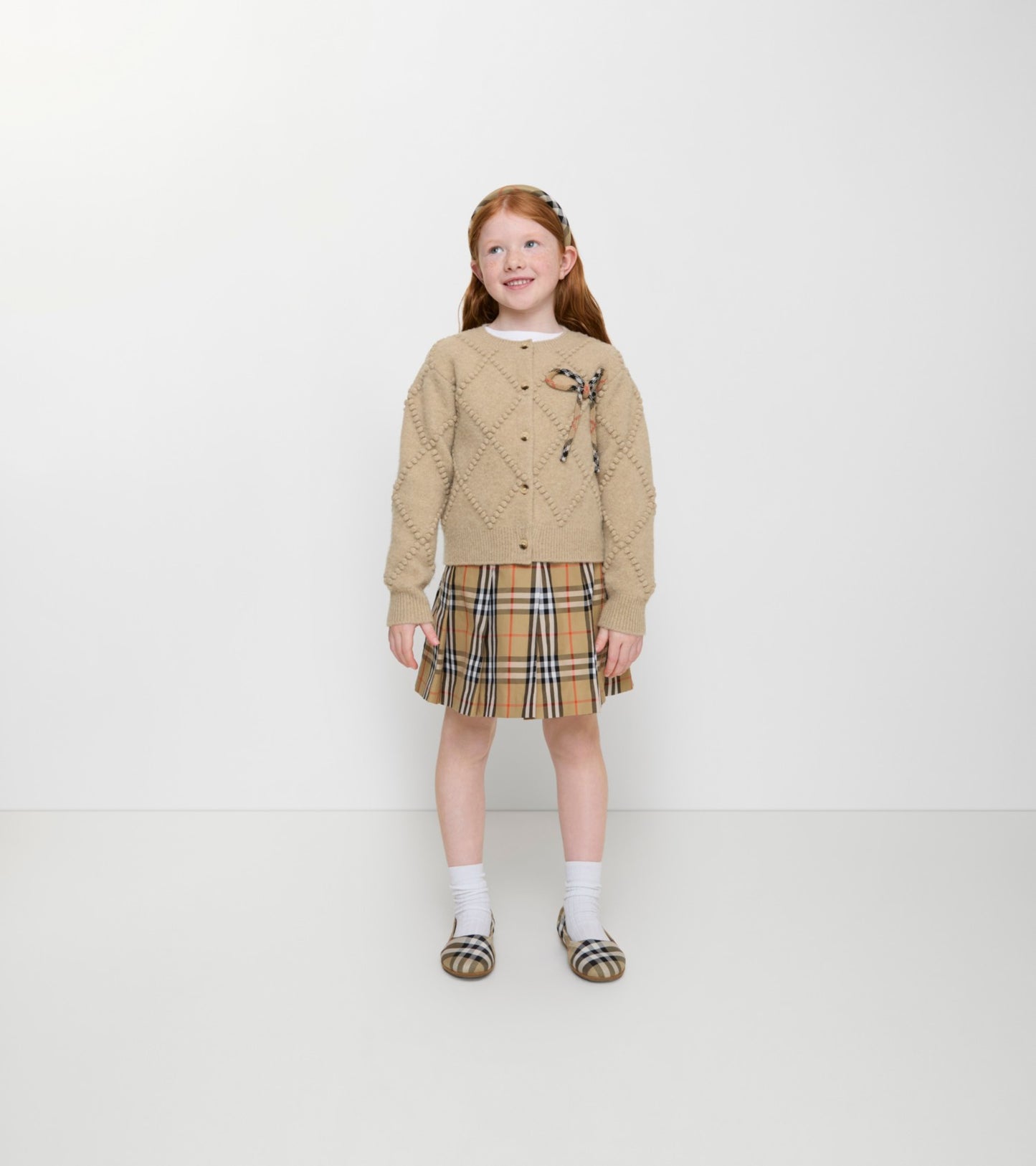 Pleated Check Cotton Twill Skirt in Sand beige