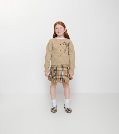 Pleated Check Cotton Twill Skirt in Sand beige