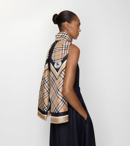 Check Knight Stamp Silk Scarf in Sand beige