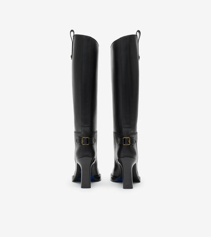 Leather Cavalier Heel Boots in Black