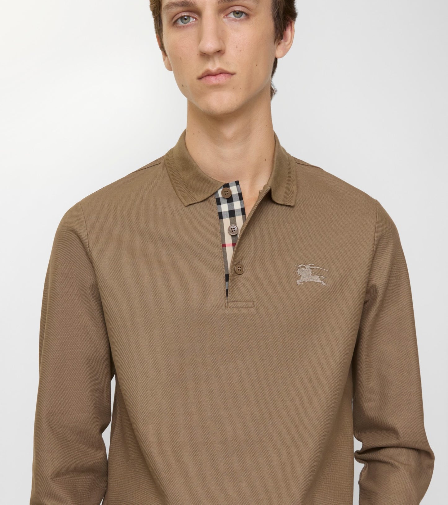 Long-sleeve Cotton Polo Shirt in Clay brown